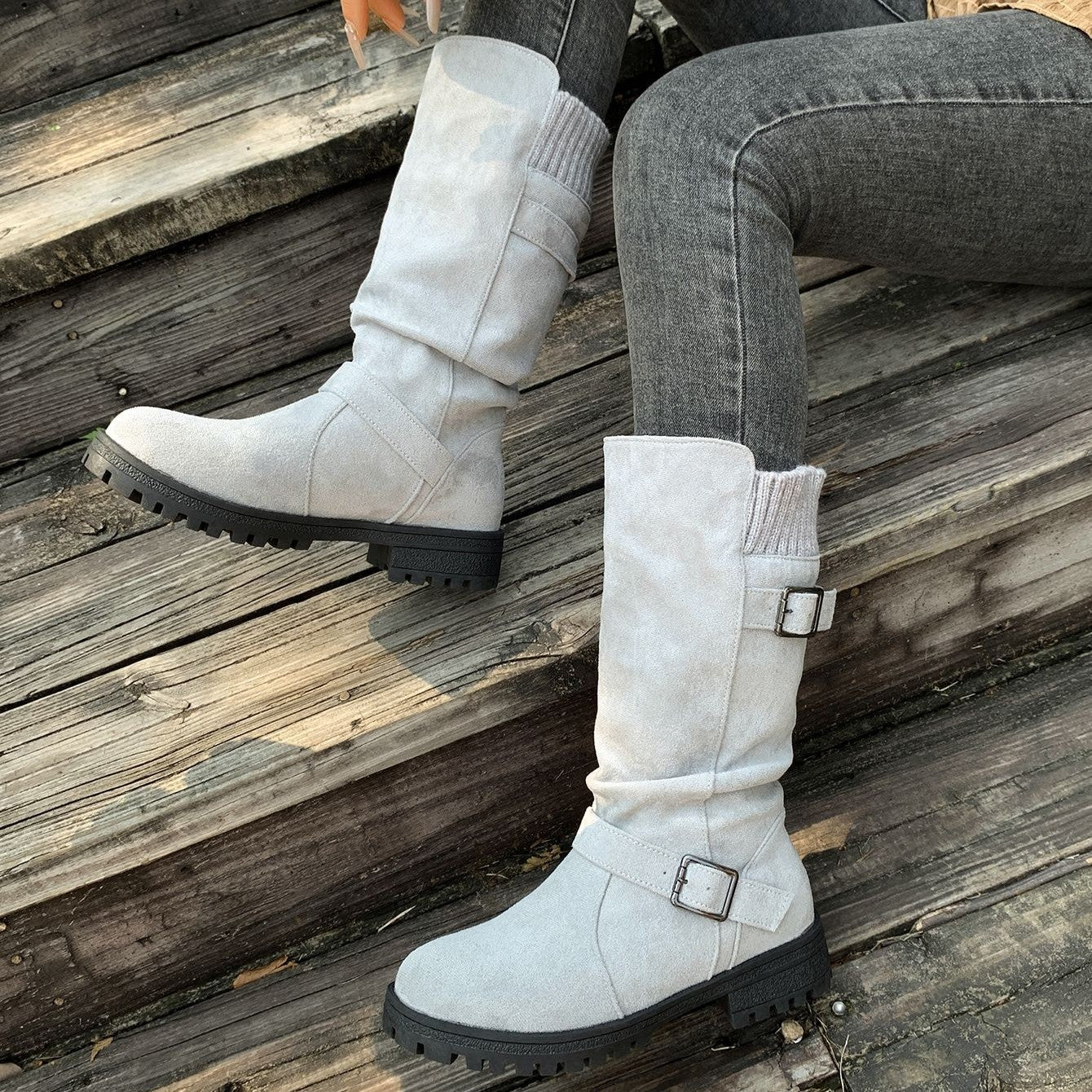 Women’s RanchWrap Buckle Mid-Calf Suede Boots – Knit Cuff Western-Style Slouchy Shoes