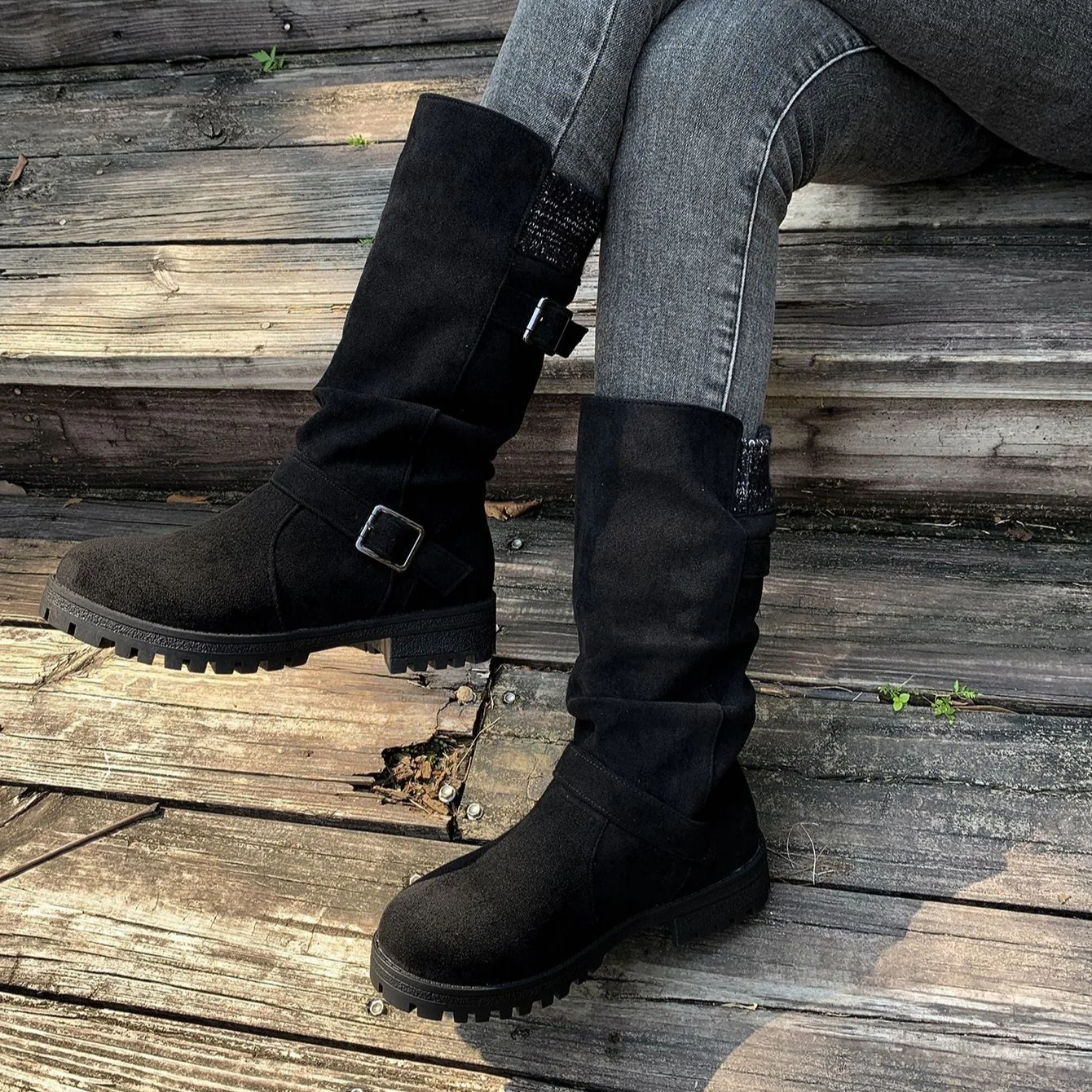 Women’s RanchWrap Buckle Mid-Calf Suede Boots – Knit Cuff Western-Style Slouchy Shoes